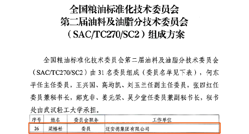 邁安德油脂工程專家當選全國糧油標委會油料及油脂分委會委員
